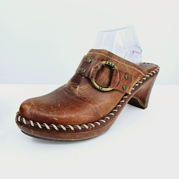 Frye Shoes - Frye Charlotte Ring Mules Clogs 9.5 M Brown Leather Distressed Stitched Rivets